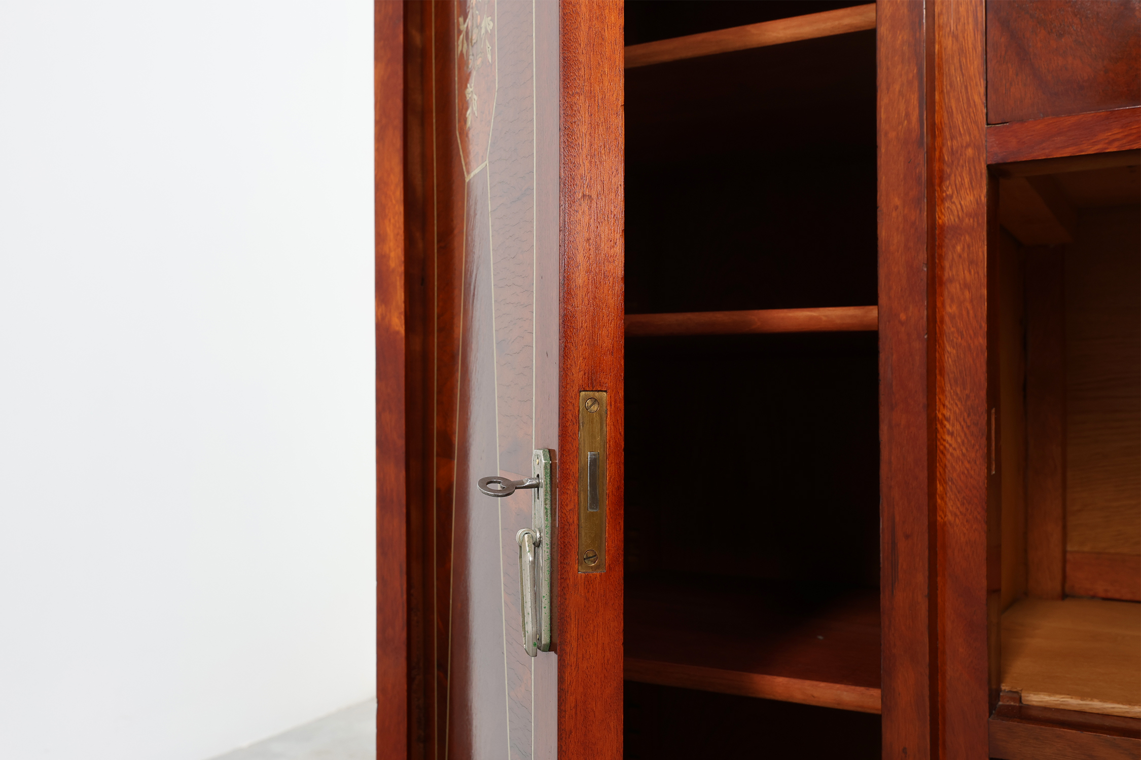 Art Deco marquetry cabinet with wrought-iron mirror crest, Belgium, ca. 1925 thumbnail